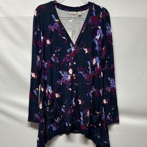 LOGO by Lori Goldstein Button-Front V-Neck Hi-Low Knit Cardigan Purple Floral L